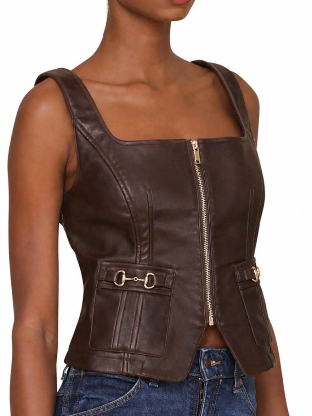 7 For All Mankind Brown Faux Leather Houndstooth Zip Equestrian Vest Size Small